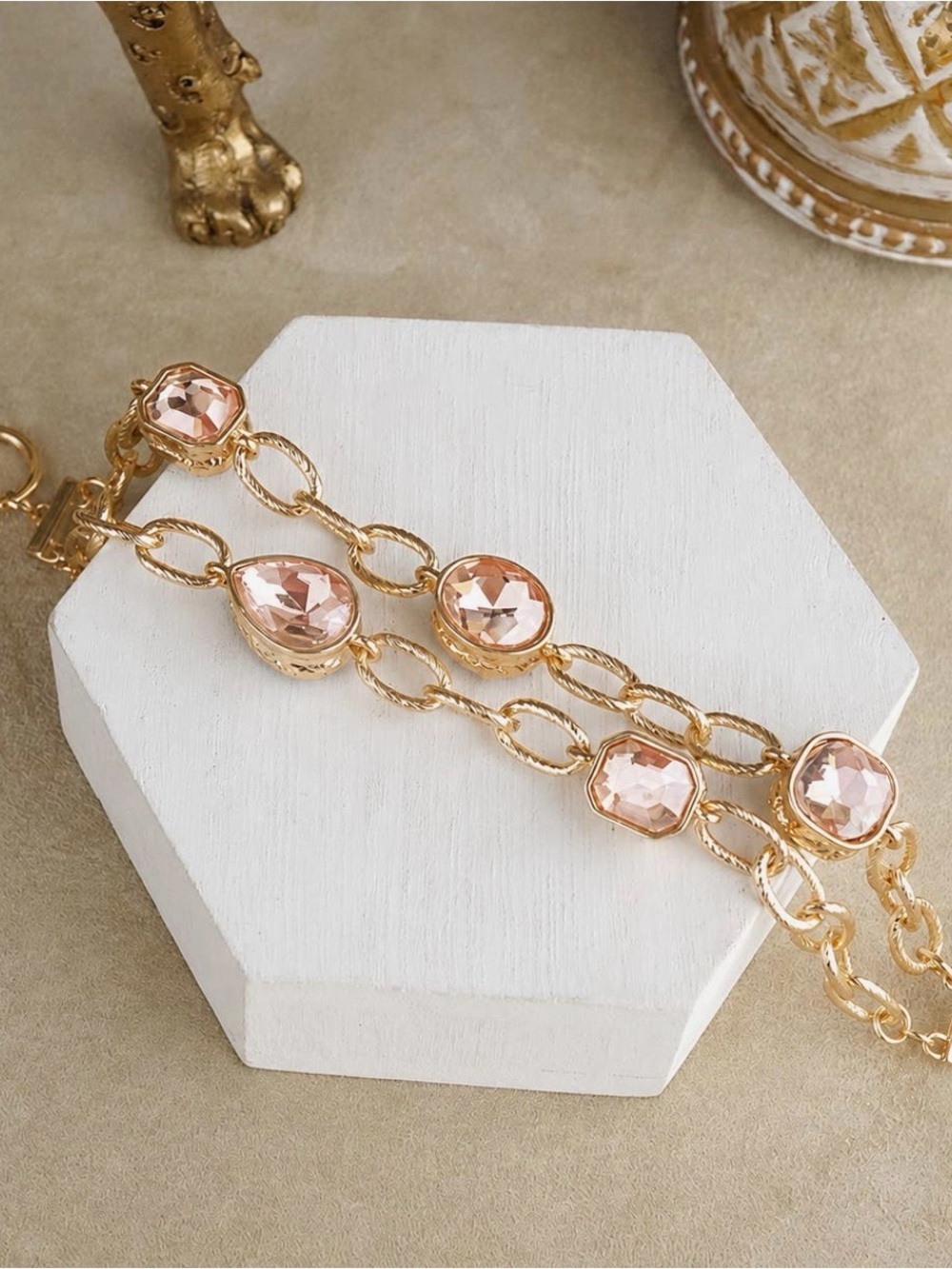 Gold Chain Bracelet with Blush Pink Crystal Accents